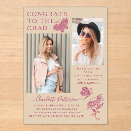 Moderne Pink Butterfly Foto Graduation Party in Be Acryleinladungen