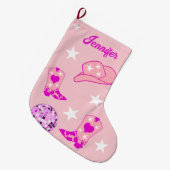 Moderne Pink Disco Ball Cowgirl Hat Boots Großer Weihnachtsstrumpf (Vorderansicht (hängend))