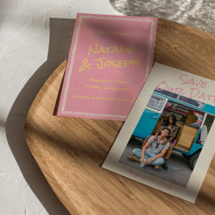 Moderne Pink Gelbe Farbige Pastell-Foto-Hochzeit Save The Date
