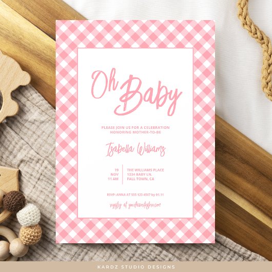 Moderne Pink Gingham Baby Dusche Einladung