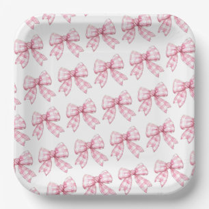 Moderne Pink Gingham Bow Pattern Baby Dusche Pappteller