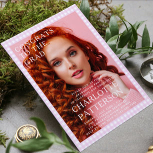 Moderne Pink Gingham-Foto-Abschlussfeier Einladung