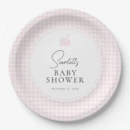 Moderne Pink Gingham Swan Baby Dusche Pappteller