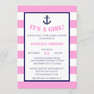 Moderne Pink Girl Nautical Baby Dusche Einladungen
