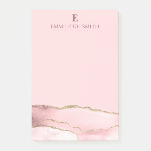 Moderne Pink-Gold-Achat-Marmor-Monogramm Post-it Klebezettel