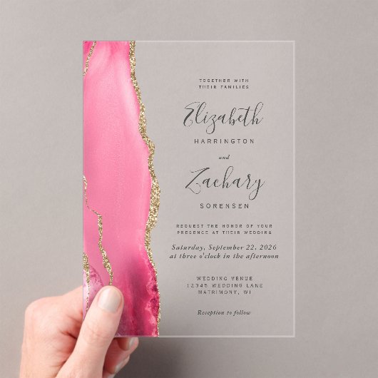 Moderne Pink Gold Agate Hochzeit Acryleinladungen (Insitu (Handheld))
