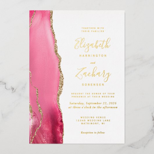 Moderne Pink Gold Agate Hochzeit Folieneinladung (Vorderseite)