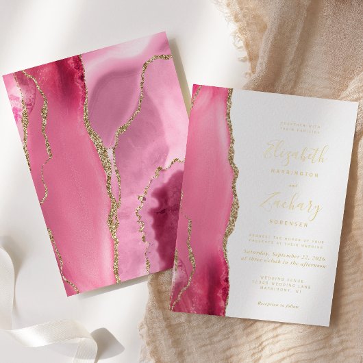 Moderne Pink Gold Agate Hochzeit Folieneinladung