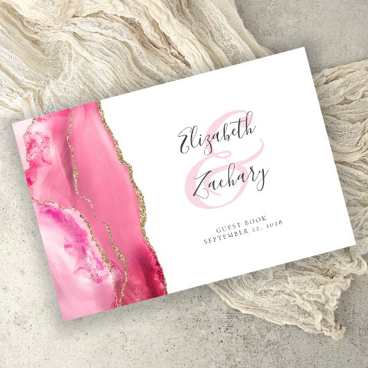 Moderne Pink Gold Agate Script Hochzeit Gästebuch