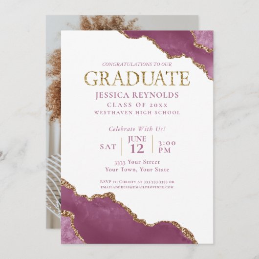 Moderne Pink Gold Foto Graduation Party Einladung (Vorne/Hinten)