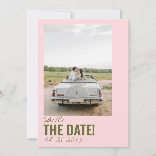 Moderne Pink Green Whimsical Einzigartiges Foto Ho Save The Date (Vorderseite)