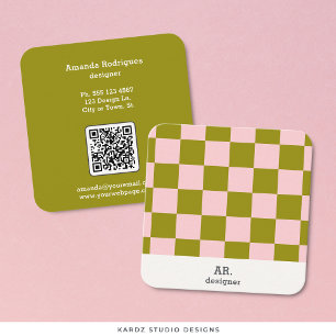 Moderne Pink Grüne Checks QR-Code Quadratische Visitenkarte