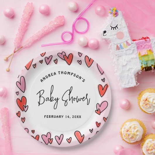 Moderne Pink Hearts Valentine Baby Dusche Pappteller (Party)