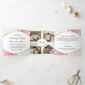 Moderne Pink Hydrangea Blumenzellenfotografie Hoch Dreifach Gefaltete Einladung (Innenseite)