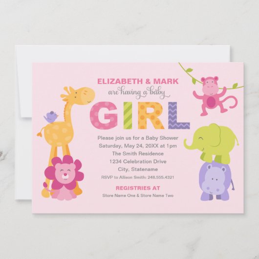 Moderne Pink Jungle Animals Girl Baby Dusche Einladung (Vorderseite)