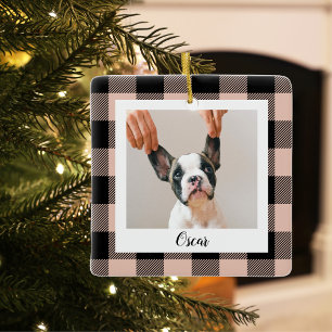Moderne Pink Kariert & Name und Hund Foto Keramikornament
