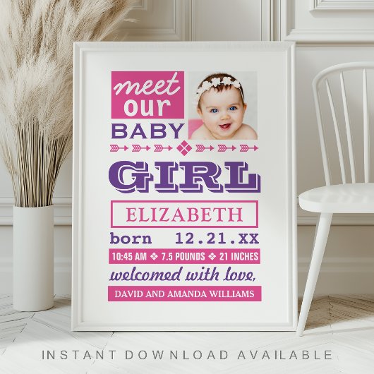 Moderne pink-lila Baby-Foto-Geburtsstatistik Poster