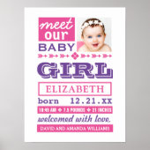 Moderne pink-lila Baby-Foto-Geburtsstatistik Poster (Vorne)