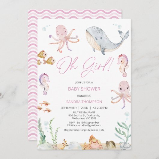 Moderne Pink Oh Mädchen unter Sea Baby Dusche Einladung (Vorne/Hinten)