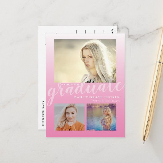 Moderne Pink Ombre Girly Graduate Party Postkarte (Vorderseite/Rückseite Beispiel)