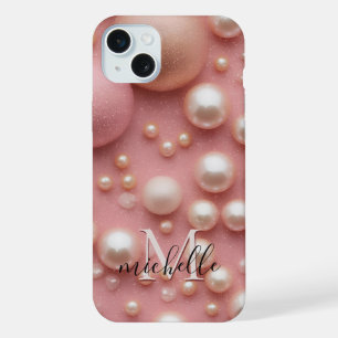 Moderne Pink Pearl Glitter Custom Name Monogramm iPhone 15 Plus Hülle