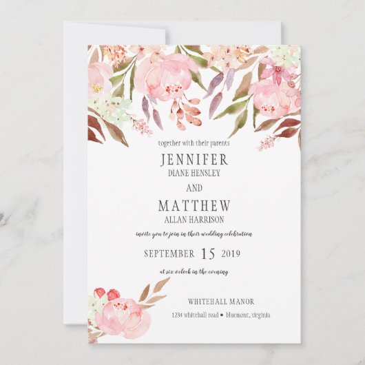 Moderne Pink Peonies Wildblumen Grüne Hochzeit | Einladung (Vorderseite)