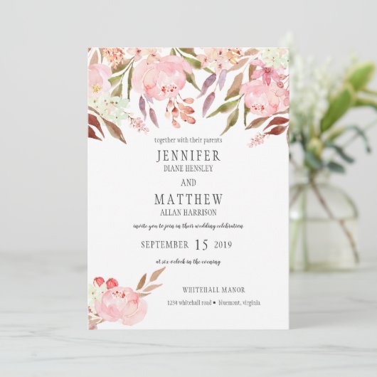 Moderne Pink Peonies Wildblumen Grüne Hochzeit | Einladung (Stehend Vorderseite)