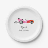 Moderne Pink Race Car Girl Babydusche Pappteller (Vorderseite)