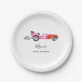 Moderne Pink Race Car Girl Babydusche Pappteller