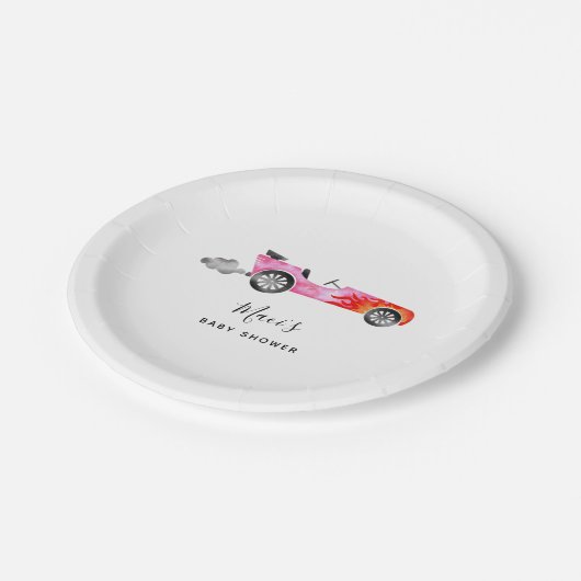 Moderne Pink Race Car Girl Babydusche Pappteller (Schrägansicht)