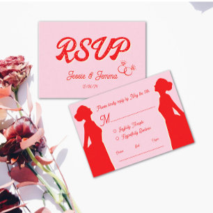 Moderne Pink & Rot Lesbische Hochzeit RSVP  Karte