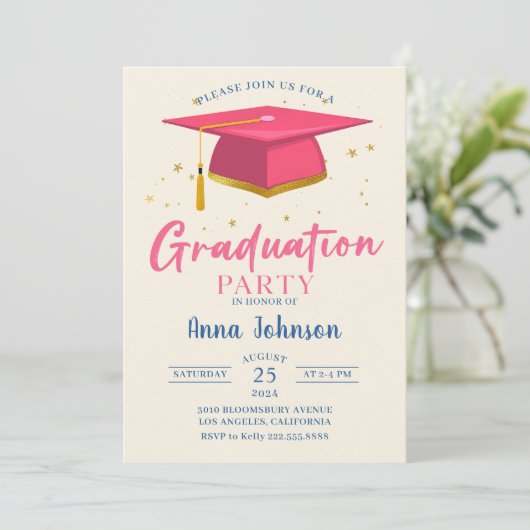 Moderne Pink Script Graduation Party Einladung (Stehend Vorderseite)