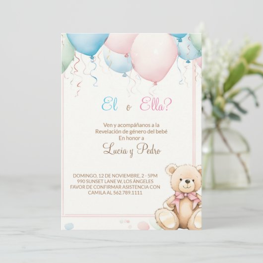 Moderne Pink- und Blue-Spanisch-Geschlechterdarste Einladung (Stehend Vorderseite)