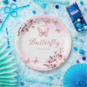 Moderne Pink Watercolor Butterfly Girl Babydusche Pappteller (Party)