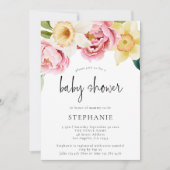 Moderne Pink Yellow Peonies Floral Baby Dusche Einladung (Vorderseite)