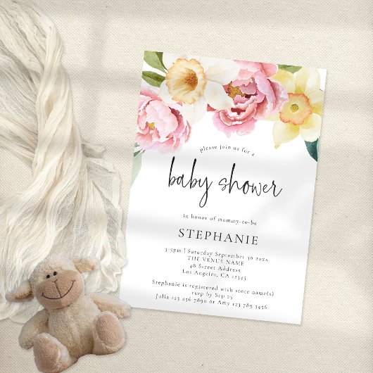 Moderne Pink Yellow Peonies Floral Baby Dusche Einladung
