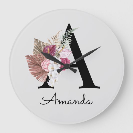 Moderne pinke Boho-Mädchen-Blumeninitiale A Große Wanduhr (Vorderseite)
