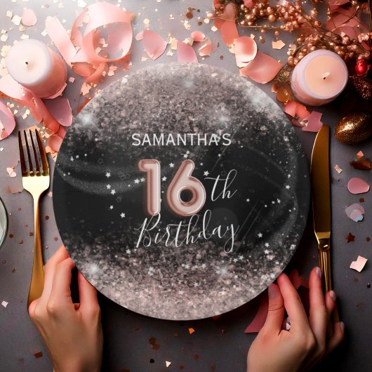 Moderne pinke Glitter & Schwarze 16. Geburtstagsfe Pappteller