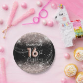 Moderne pinke Glitter & Schwarze 16. Geburtstagsfe Pappteller (Party)