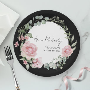 Moderne Pinke Rosen Schrift Abiturjahrgang Pappteller