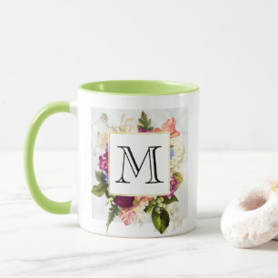 Moderne pinke Wasserfarbe Blumenstrauß-Monogramm Tasse