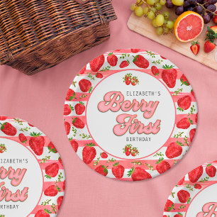 Moderne Pinke Weiße Erdbeere Geburtstag Berry Erst Pappteller