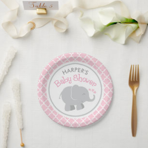 Moderne pinkfarbene und graue Elephant Girl Baby D Pappteller