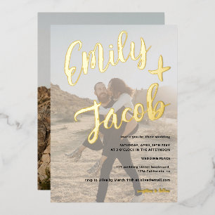 Moderne Pinsel-Namen Schrift weiß Fotos Hochzeit Folieneinladung