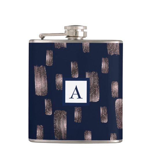 Moderne Pinsel Rose Gold & Navy Blauer Sparkor Flachmann (Vorderseite)