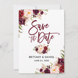Moderne Pinsel-Schrift Floral Burgunder Save The Date