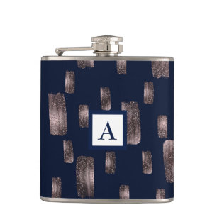 Moderne Pinselrose Gold & Marineblauer Glitter Flachmann