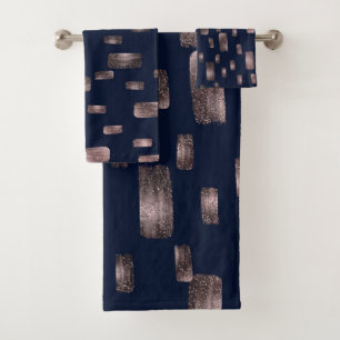 Moderne Pinselrose Gold & Navy Blau Glanz Badhandtuch Set