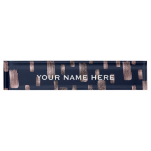 Moderne Pinselrose Gold & Navy Blau Glanz Namensplakette