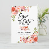 Moderne Pinselschrift Coral Floral Save The Date (Stehend Vorderseite)